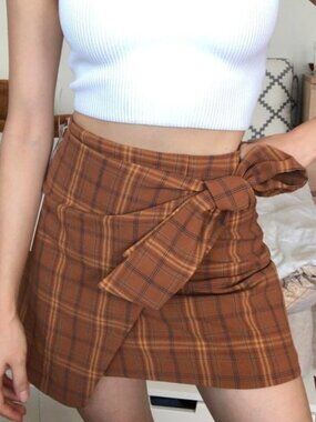 Wilfred Brown Plaid Dorine Wrap Mini Skirt